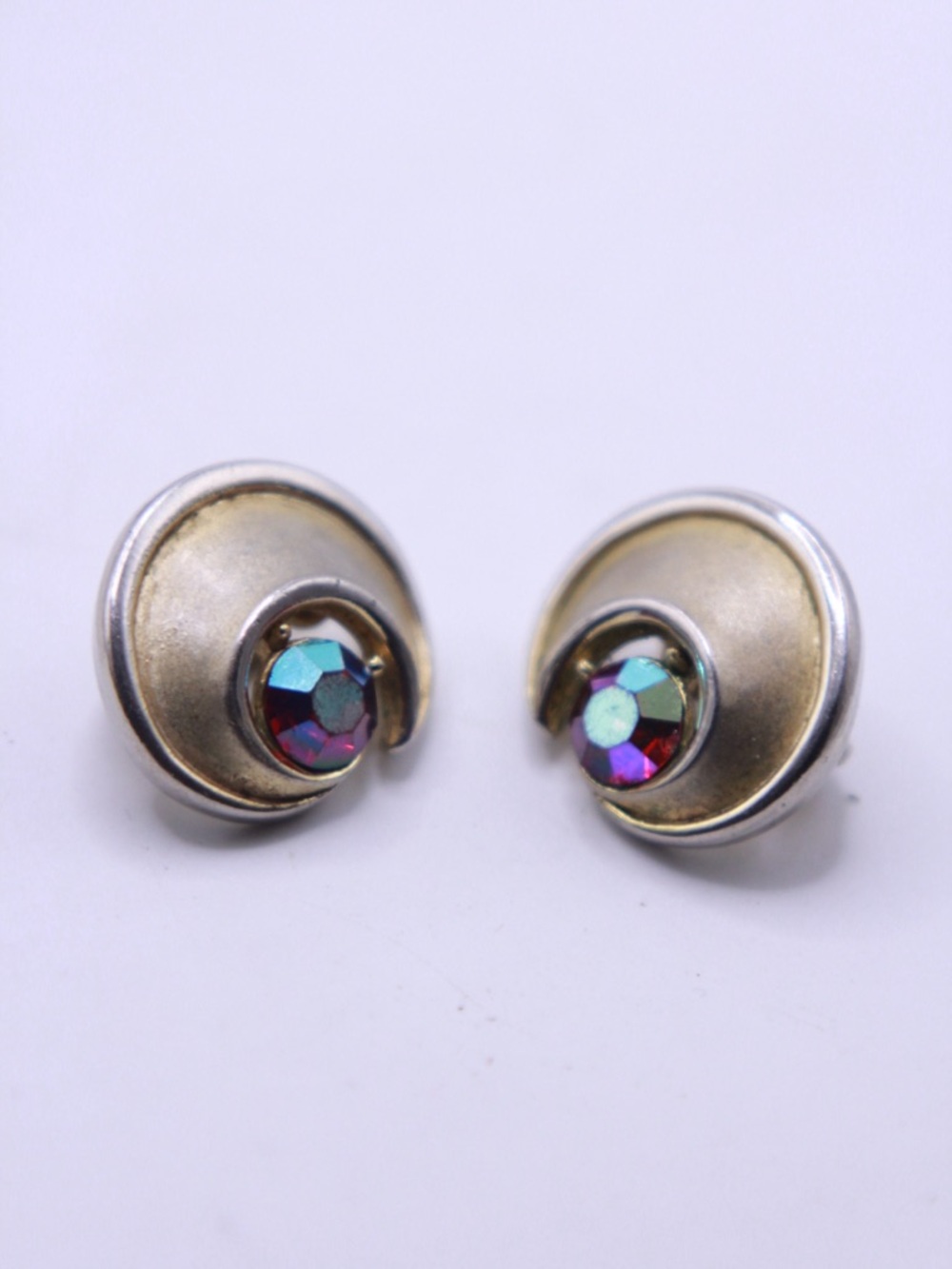 Vintage Trifari Gold-Tone Clip on Studs with Iridescent Aurora Crystals